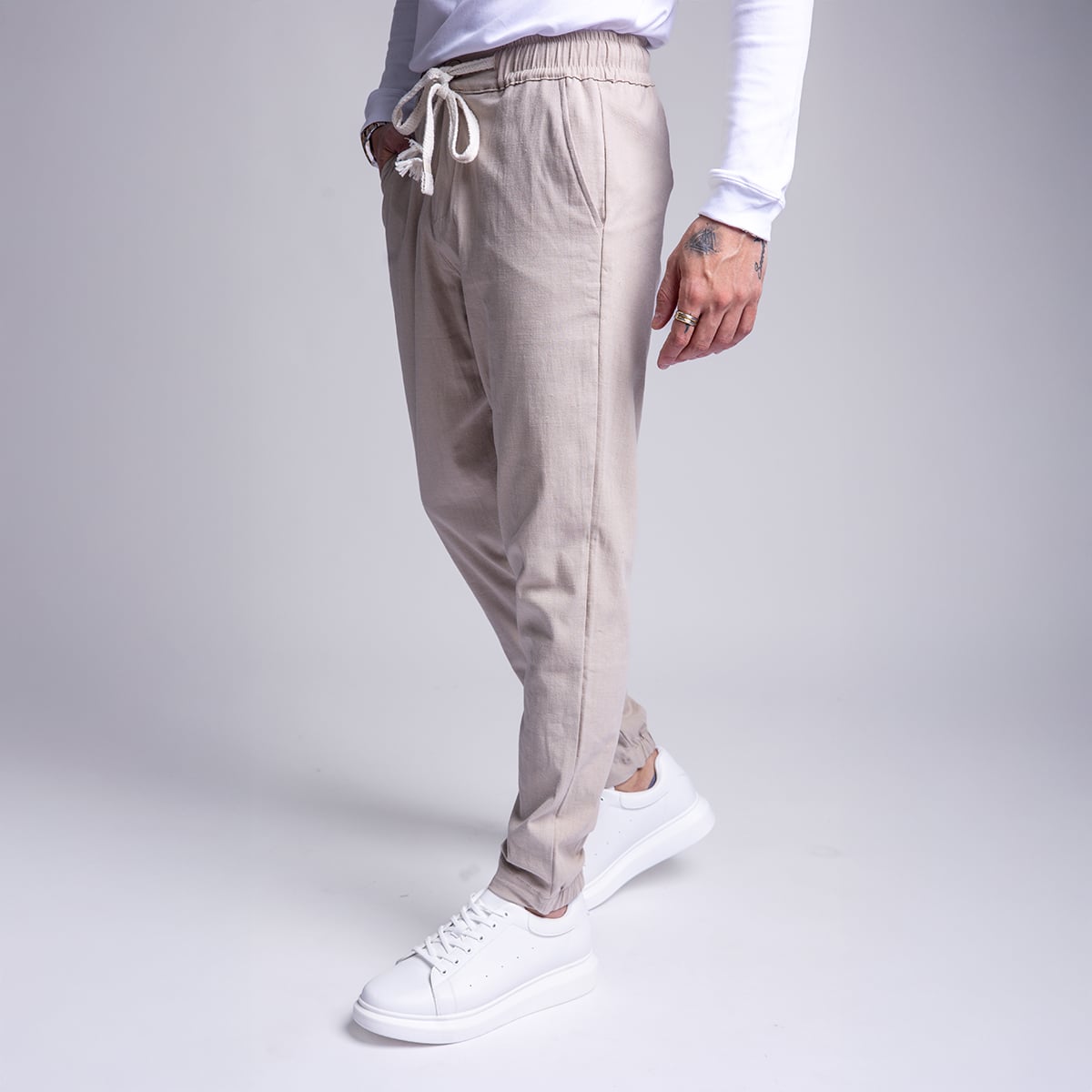 מכנס אלגנט פשתן לגבר דגם כפתור - אבן