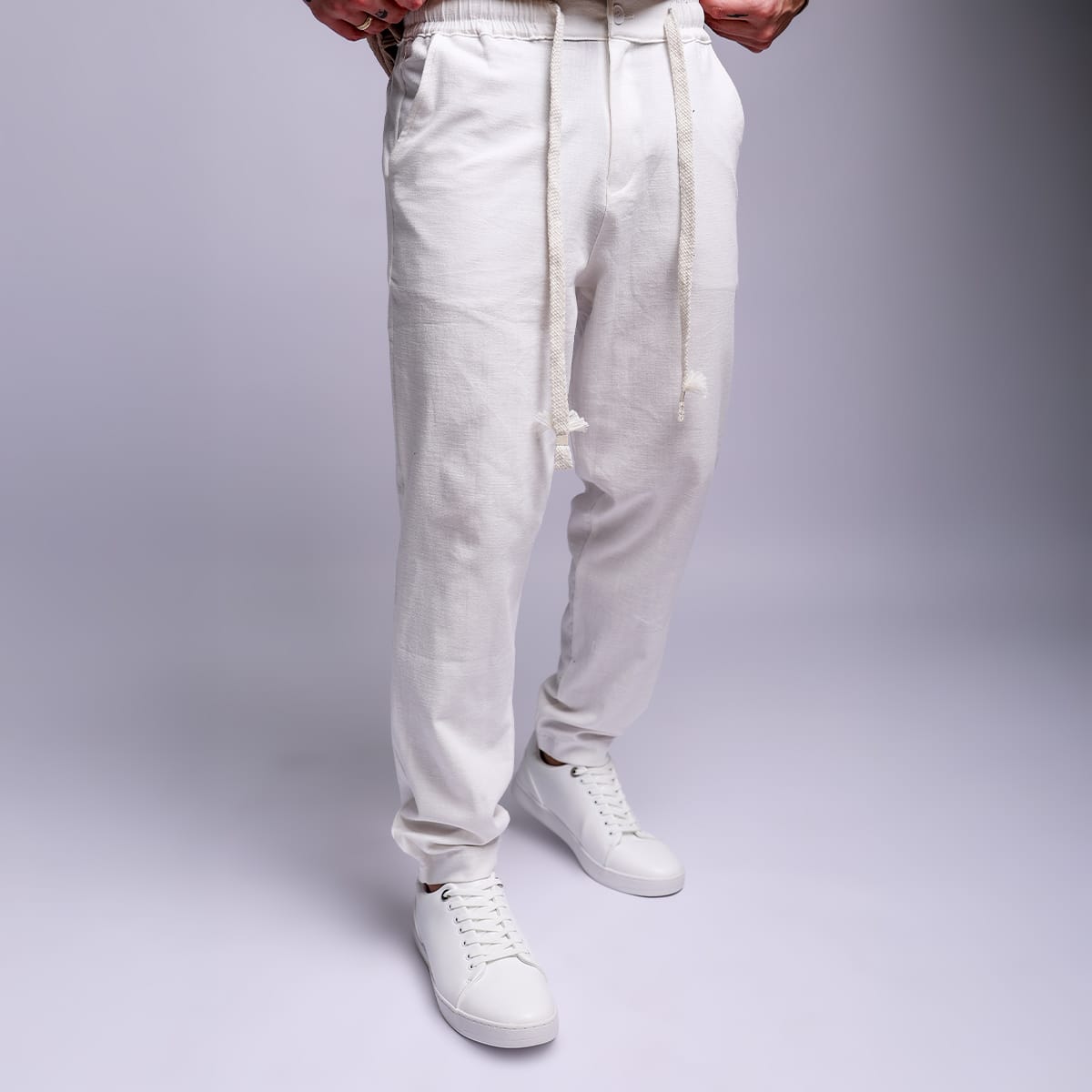 מכנס אלגנט פשתן לגבר דגם כפתור - לבן